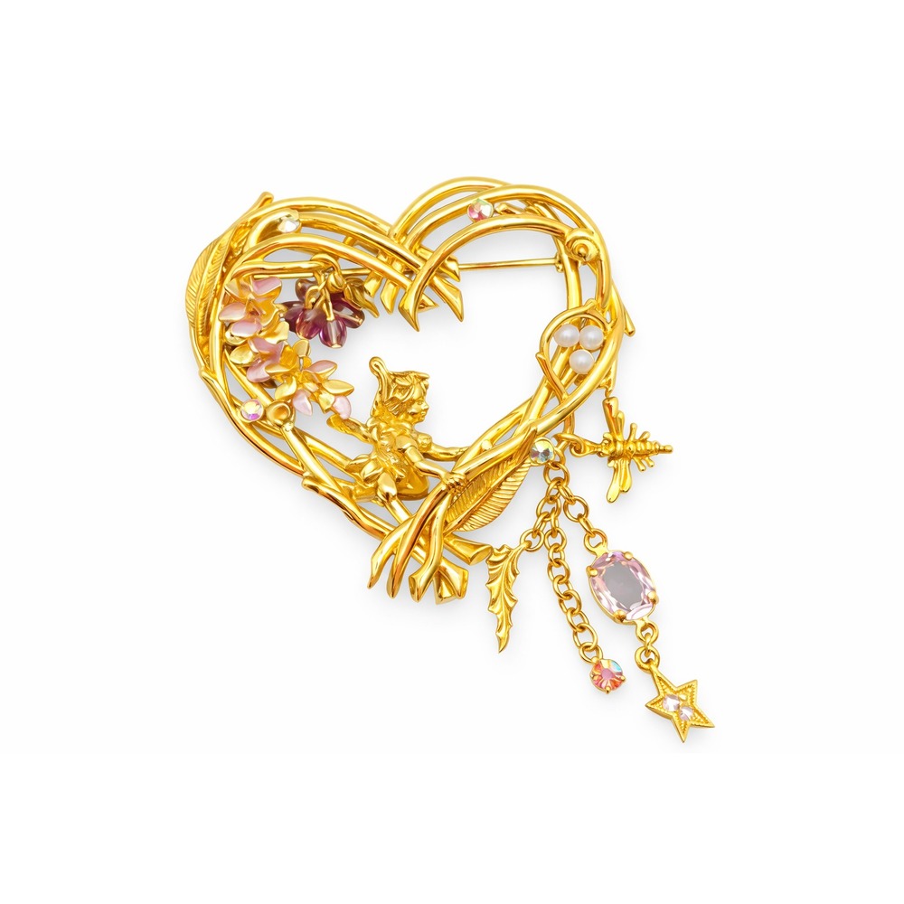 Vintage Kirks Folly Gold Tone Wisteria Heart Wood Fairy Rhinestone Pin Brooch